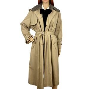 Vintage Tan Trench Coat Houndstooth Lined Belted Coat Womens Size S/M